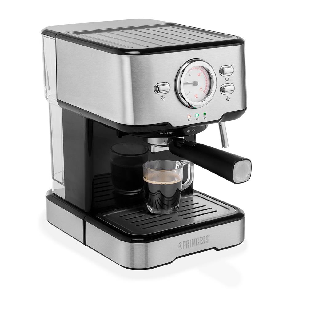 Cafetera Espresso Princess 249412 – 1100W, 20 Bares, 1-2 Tazas, 1.5 Litros, Acero Inox