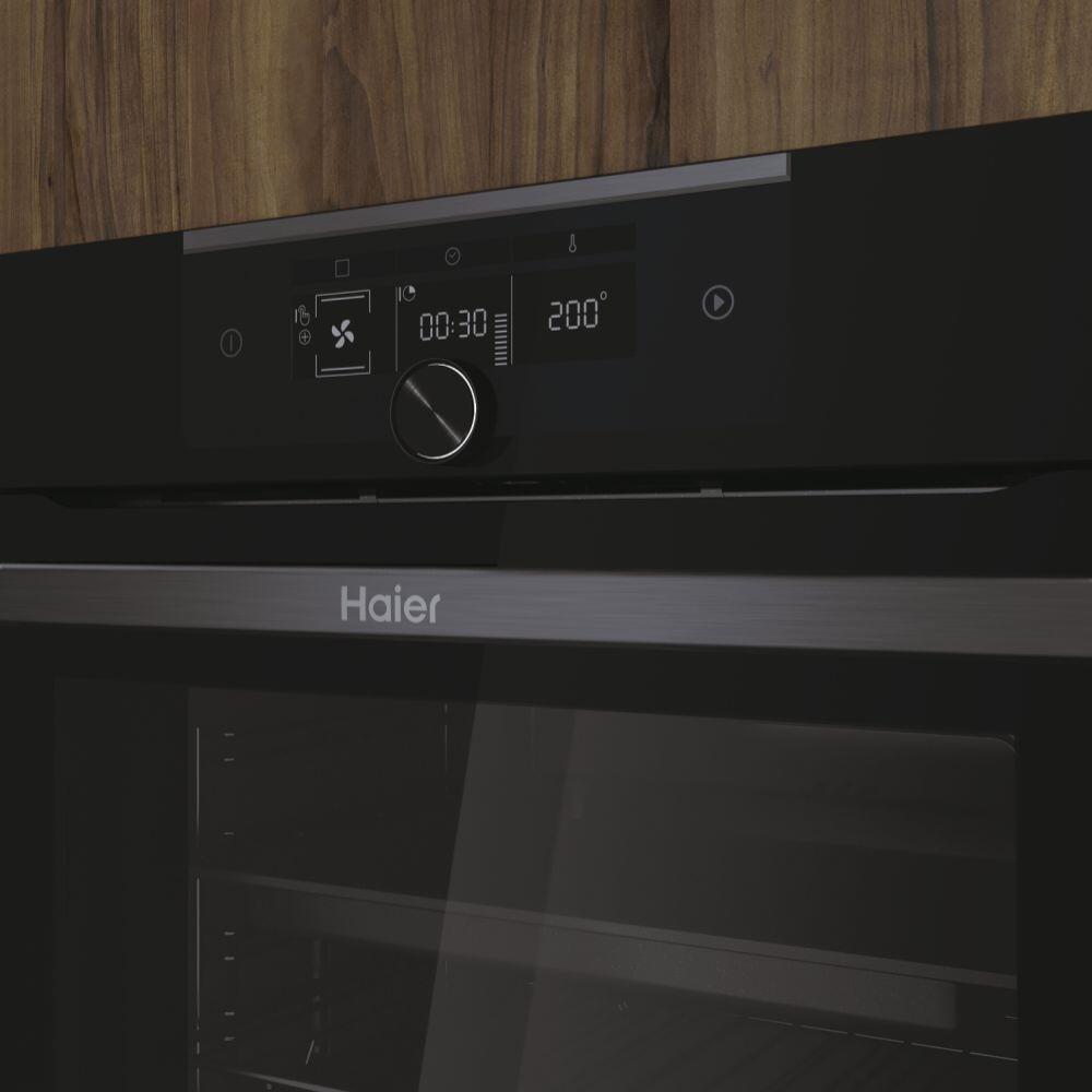 Horno Haier HWO60SM2F3BH4, Clase A, 10 Funciones, WiFi, Guía telescópica, Hidrólisis, Negro
